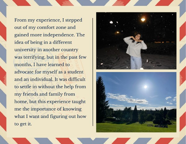 Fun photos of Alexandra are featured. Text talks about how her study abroad experience helped her become independent.