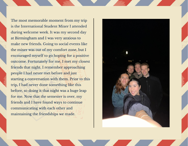 In this slide, Alexandra says the most memorable part of her trip was when she met new friends at a social event for International students.