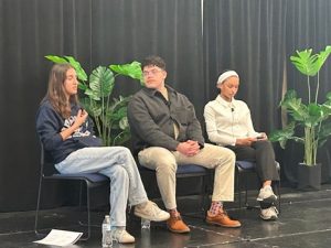Career panelists, from left to right, Liz Maia (’26), Kothan Nieves-Orama (’27), and Alexys Willaims (’27) answering questions from the audience.